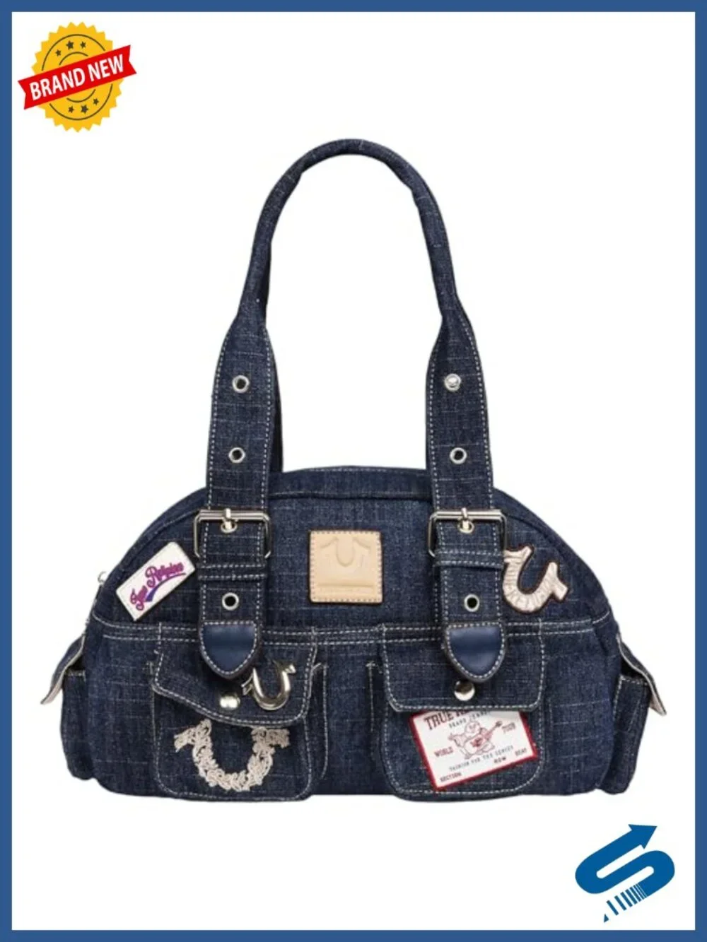 Designer Denim Satchel with Embroidered Horseshoes and Patches